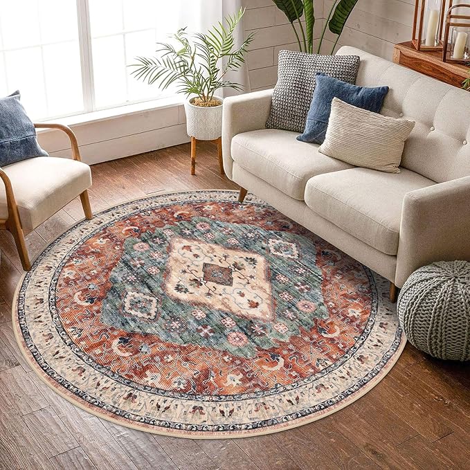 KOZYFLY Boho Round Rug 6 Ft Rugs for Entryway Washable Circle Rug Non Slip Doormat Rust/Orange/Blue Printed Faux Wool Vintage Round Entryway Rug Floor Carpet Round for Entrance, Bedroom