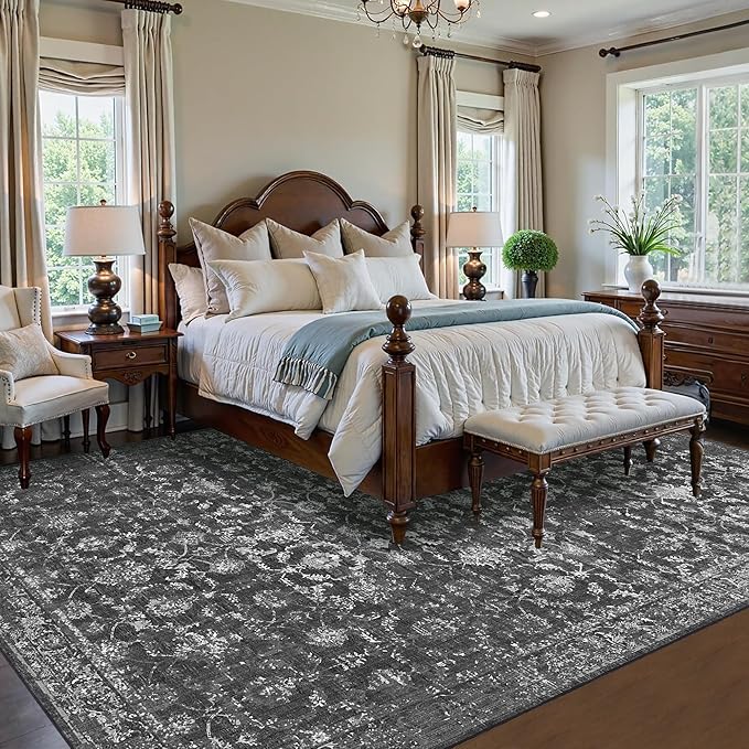 Washable Area Rug 8x10 Black Rugs for Living Room, Vintage Boho Large Rug for Bedroom Dining Room Office, Distressed Floral Print Carpet for Under Table, Soft Non Slip Low Pile Throw Carpet Indoor Mat