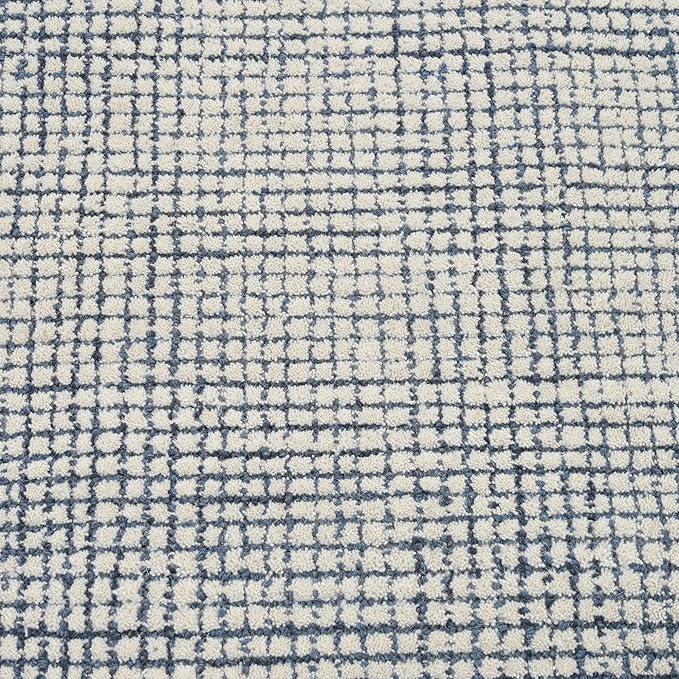Hand-Tufted 100% Wool Pile Area Rug – Geometric Textured Grid Check Pattern – Thick and Durable Floor Carpet for Bedroom, Living Room, Kids Room, and Dining Area (Indigo Blue, 7' x 10')