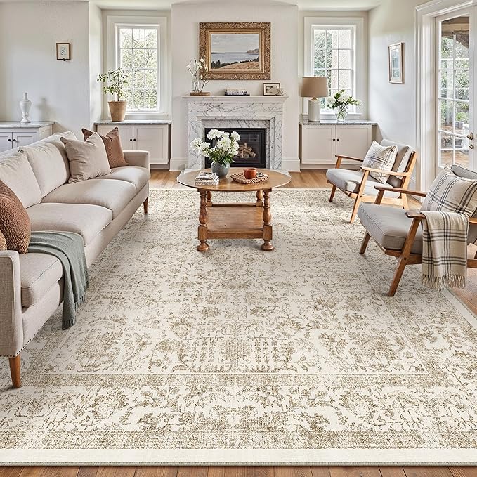 Light Brown Area Rug 10x12 Machine Washable Large Vintage Living Room Distressed Non Slip Carpet Traditional Indoor Bedroom Retro Floral Accent Throw Rug for Office Kitchen Dining Room