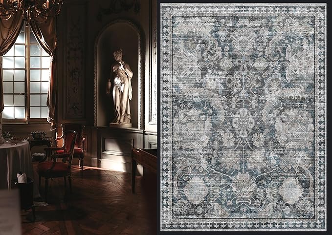 RUGSURE Washable Area Rugs - Perfect for Living Room, Bedroom, Kids Room, Nursery - Stain & Water Resistant Non-Slip, Pet & Child Friendly, Vintage Tribal Area Rugs (Grey and Bule, 9' x 12')