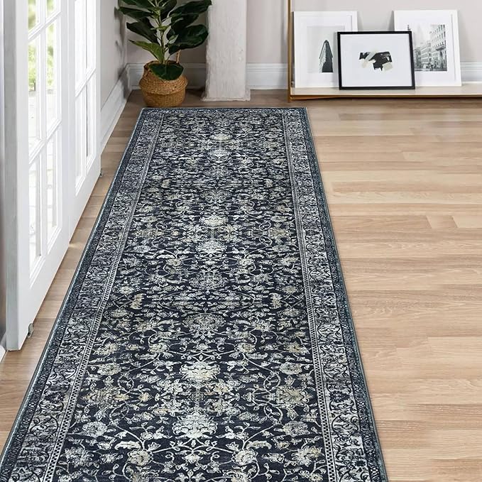 KILOCOCO Hallway Runner 2x8 Rug Runner Printed Vintage Floral Washable Kitchen Runners Non-slip Rubber Backed Runners for Hallways Laundry Room Distressed Boho Rugs for Entryway Bedroom, Navy/Charcoal