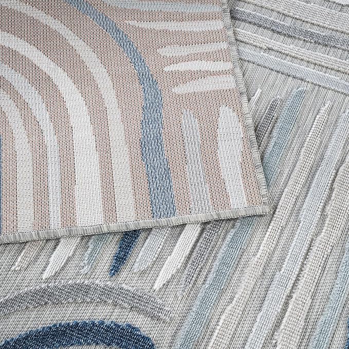CAMILSON Indoor Outdoor Rug, Blue 8x10 Geometric Arch Striped Area Rugs for Patio and Home Areas, Easy-Cleaning Non-Shedding Living Room, Garden and Deck Washable Outside Carpet (8 x 10)