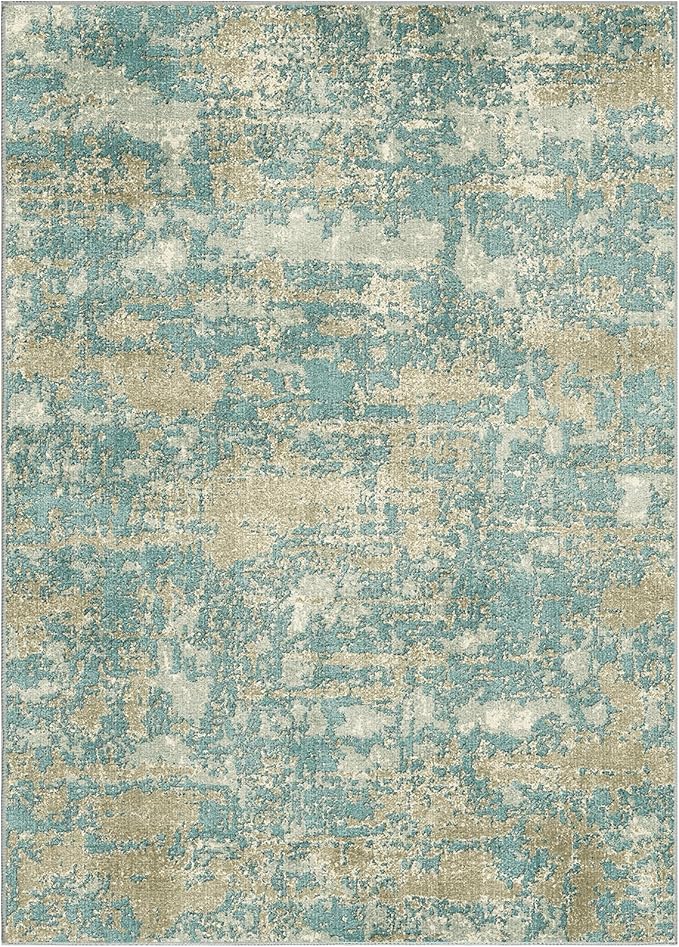 WITSHOCK Living Room Area Rugs 5x7：Modern Abstract Machine Washable Large Rug for Bedroom Dining Room Non-Slip Stain Resistant Home Office Decor,Teal Brown