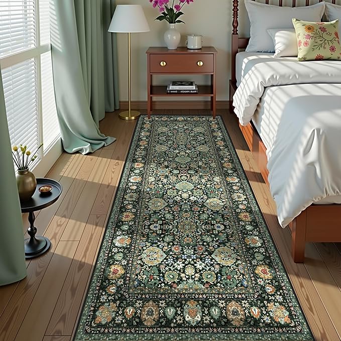 3x7 Runner Rugs for Hallway Non-Slip Hallway Runner Rug with Rubber Backing Washable Rug Runner for Kitchen Bedroom Vintage Distressed Carpet(Vintage Dark Green