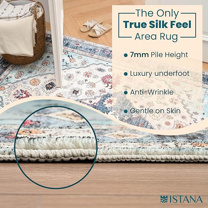 Istana Hallway Runner Rug 2x8 – White Cream/Blue Entryway Rug -Silk's Soft Touch Runners for Hallways - Stylish Kitchen Runner Rug Non Slip