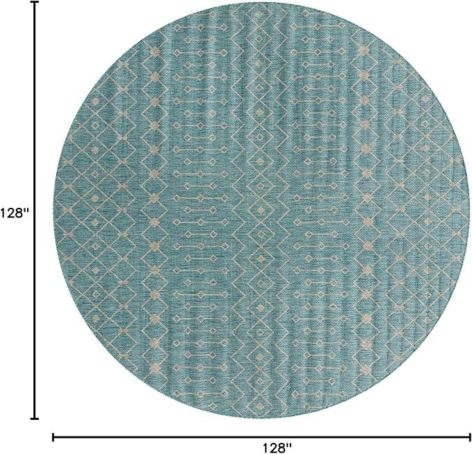 Unique Loom Outdoor Trellis Collection Area Rug - Tribal Trellis (10' 8" Round, Aqua/ Ivory)