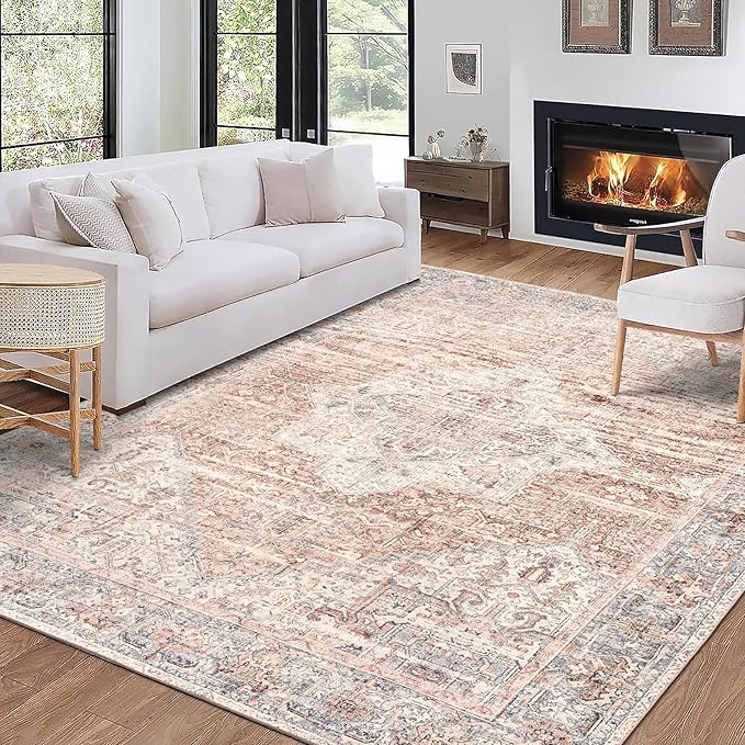 ReaLife Rugs Machine Washable Area Rug - Living Room Bedroom Bathroom Kitchen Entryway Office - Padded Low Pile Stain Resistant Premium - Boho Farmhouse Vintage - Lyle - Gray Ivory Blush 5' x 7'