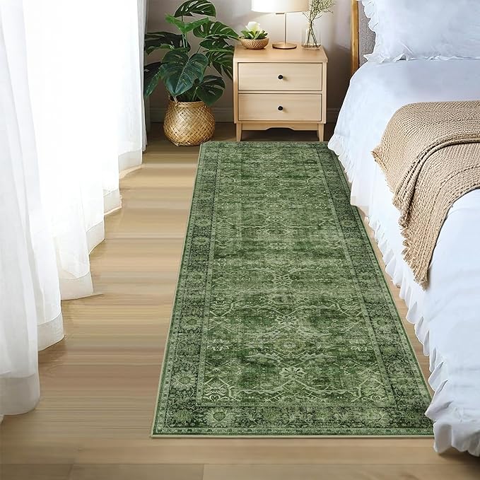 2x6 Green Vintage Washable Runner Rugs for Hallway Kitchen Boho Hallway Rug Low Pile Non-Slip Retro Distressed Accent Throw Rug for Entryway Bathroom Bedroom Green