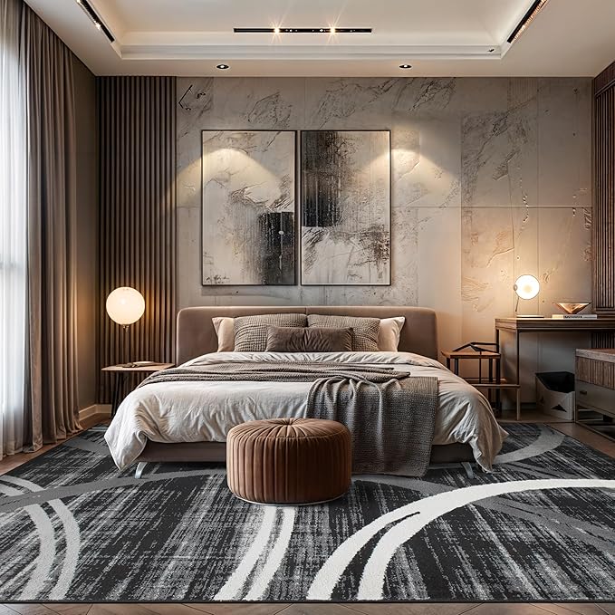 Rugshop Modern Wavy Circles Design Area Rug, Non-Shedding Carpet for Living Room, Large Bedroom, or Dining Room,Grand Room,Open Spaces Black, 8'8" x 12'