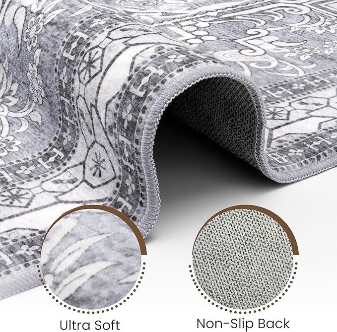 Washable Entryway Rug 3x5 | Non Slip Rug Runners for Hallways, Entryways, Kitchens, Bathrooms, Bedrooms | Ultra-Soft Flannel Carpet Kitchen Rug with Rubber Backing (Frosted Graphite, 3x5)