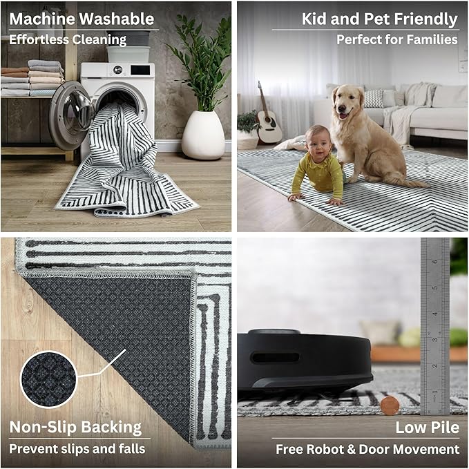 Bloom Rugs Washable Non-Slip 12 ft Runner - Black/Ivory Striped Runner for Entryway, Hallway, Bathroom, and Kitchen - Exact Size: 2.5' x 12'