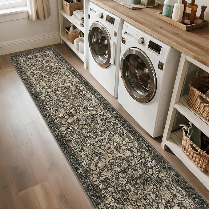 Washable Runner Rug 2x10: Vintage Boho Floral Carpet Runners for Hallway Entryway Non-Slip - Soft Botanical Low Pile Thin Mat for Kitchen Bathroom Bedroom Laundry Floor Decor - Dark Brown