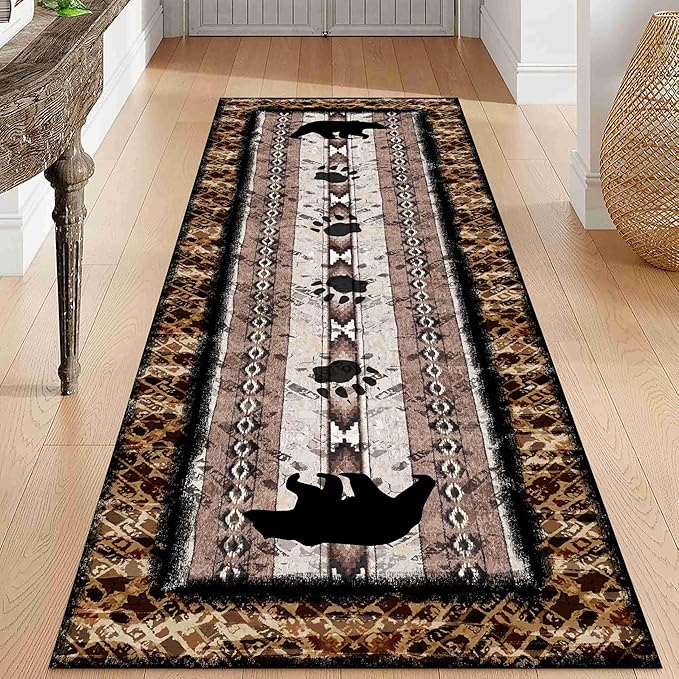 Unique Wildlife Runner Rug, 3.3x10ft, Bear Border Design Area Rug, Rustic Log Cabin Runner for Entryway, Rubber Backing Durable Floor Rug, Vintage Western Decoration, Fade-Resistant Print Carpet
