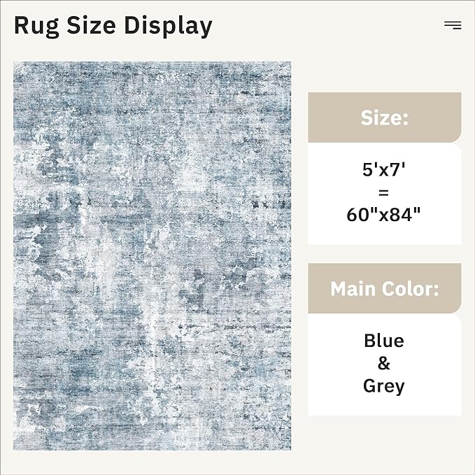Abstract Rug 5x7 Machine Washable Area Indoor Blue Low Pile Non-Slip Foldable Thin Accent Rugs for Bedroom Living Room Dining Room