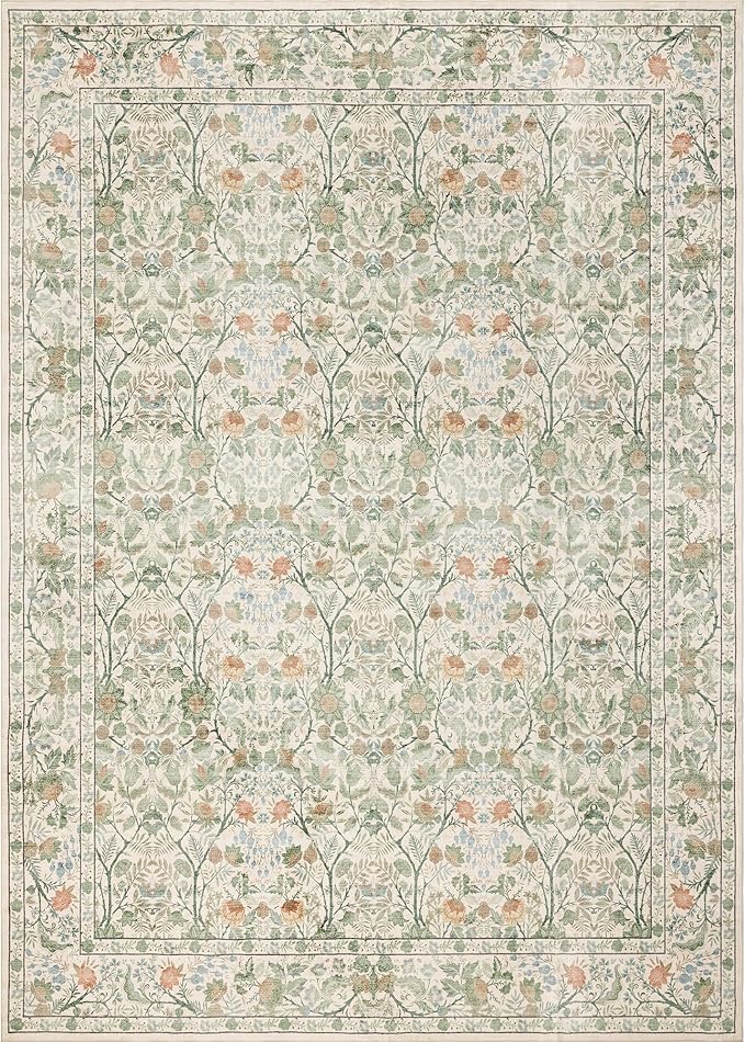 Washable Living Room Rug: 5x7 Boho Floral Soft Area Rug for Bedroom Decor - Vintage Low Pile Thin Carpet for Dining Room Non-Slip - Farmhouse Stain Resistant Rugs - Beige Green