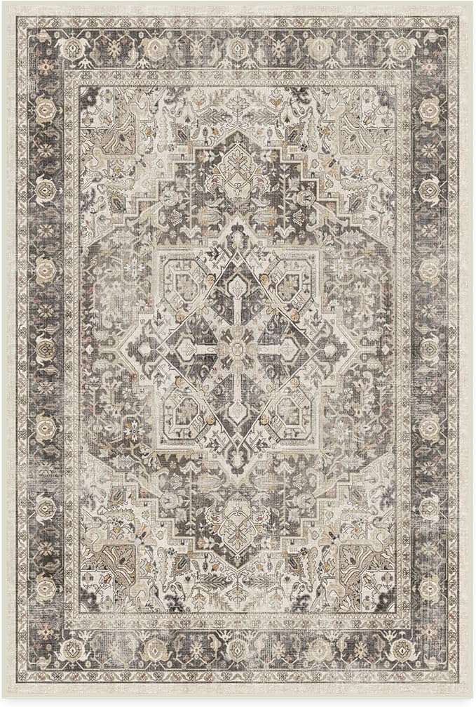 RUGGABLE Washable Vintage Area Rug – Kamran Hazel 4x6, Stain-Resistant, Non-Slip – Medium Machine Washable Rugs for Living Room, Bedroom, Hallway, Entryway & Office–with Standard Pad
