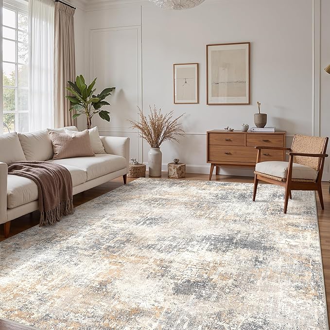 Bavni 9x12 Area Rugs Machine Washable Rug for Living Room, Modern Printed Rug Indoor Soft Area Rug for Bedroom Dining Room, Ultra-Thin Low Pile Carpet with Non Slip Rubber Backing, Beige Gray