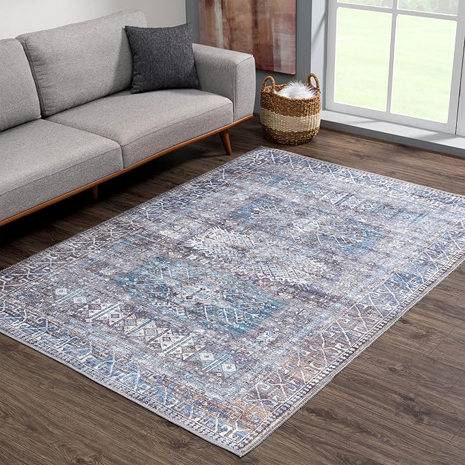 Bloom Rugs Washable 5' x 7' Rug - Slate Gray/Blue Traditional Area Rug for Living Room, Bedroom, Dining Room, and Kitchen - Exact Size: 5' x 7'