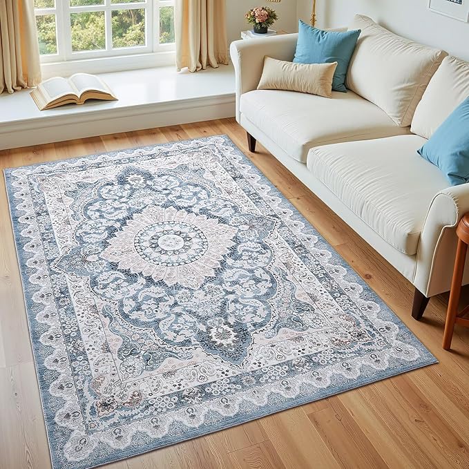 4x6 Area Rug for Bedroom, Machine Washable Rugs with Non-Slip Backing for Living Room, Soft Vintage Carpet Kitchen Laundry Kids Room Decor, Blue & Beige