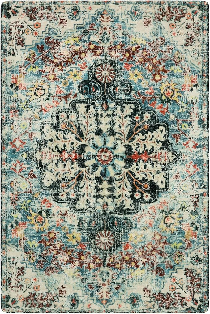 Lahome Area Rugs 6x9, Washable Area Rugs for Living Room Non Slip Bedroom Dining Room Rug, Large Bohemian Soft Stain Resistant Indoor Floor Carpet for Apartment Nursery Kids Room, Teal