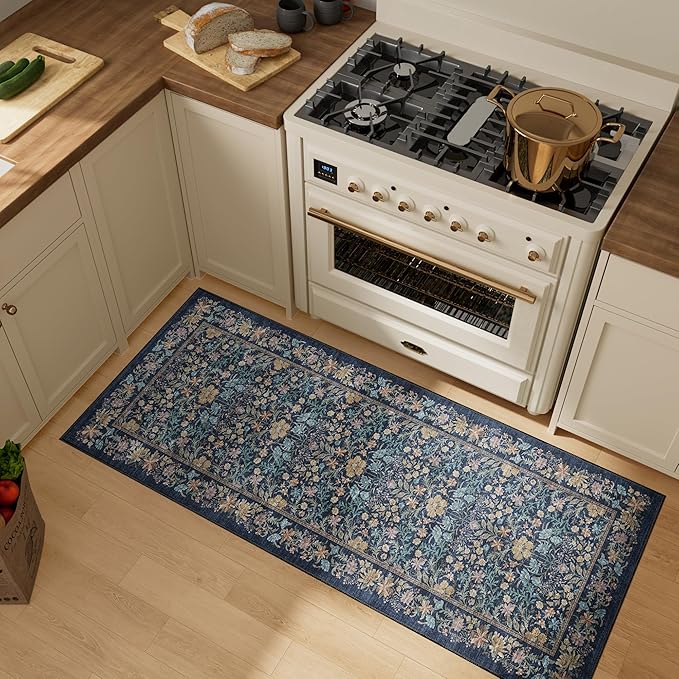 DUKINO 2x5 Washable Runner Rug, Floral Non Slip Bathroom Rugs with Soft Low Pile Design, Lightweight Non-Shedding Carpet Runner for Bathroom, Kitchen, Hallway, Bedroom, Laundry, Dark Blue