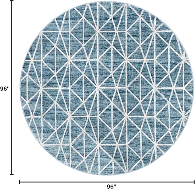 Rugs.com Lattice Trellis Collection Rug – 8 Ft Round Blue Low-Pile Rug Perfect for Kitchens, Dining Rooms