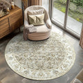 jinchan Round Rug 5ft Area Rugs Vintage Floral Distressed Design - Machine Washable Non-Slip Low-Pile Ultra-Thin Circle Rug for Entryway Bedside Living Room Dining Room Bedroom (5' Round,Taupe)