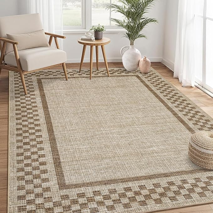 GarveeHome Washable Area Rugs 10x13 Non Slip Soft Large Living Room Rug Modern Checkered Bedroom Rug Soft Geometric Bordered Throw Carpet for Dining Room Home Decor Office Nursery, Taupe
