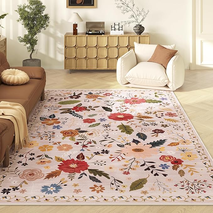 5x7 Washable Rug for Living Room, Pink Floral Area Rug, Non Slip Low Pile Soft Flower Carpet, Large Rugs for Bedroom, Dining Room, Office, Kids Playroom, Nursery, Pink/Beige