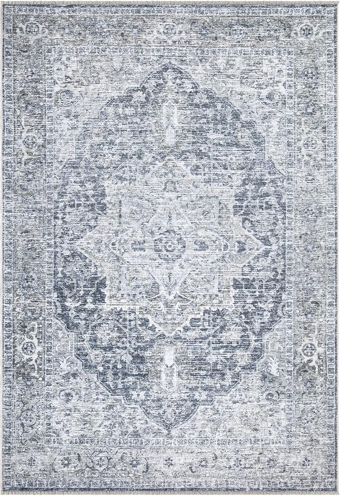 Bloom Rugs Caria Washable Non-Slip 4x6 Rug - Gray/Dark Blue Traditional Area Rug for Living Room, Bedroom, Dining Room, and Kitchen - Exact Size: 4' x 6'