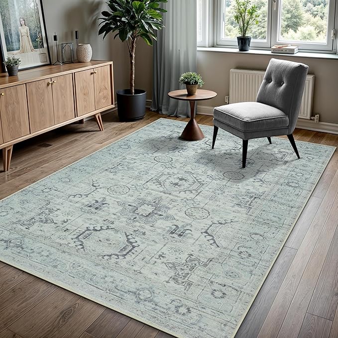 GLN Rugs Traditional Collection - Machine Washable Area Rug, Traditional Washable, Non Slip, Low Pile Chenille Rug, Living Room, Bedroom, Kitchen Rug (4' x 6' Cream/Gray/Sea Salt)