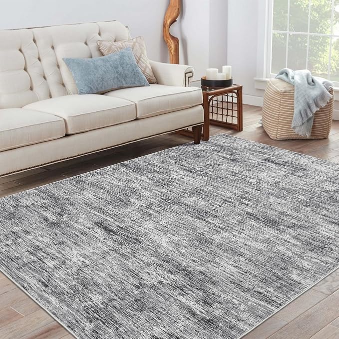 RUGSREAL Bedroom Area Rug 4x6 Modern Abstract Area Rug Stain Resistant Living Room Rug Contemporary Dining Room Rug Non-Slip Solid Rug Aesthetic Accent Floor Carpet for Kitchen Office, Ivory/Grey