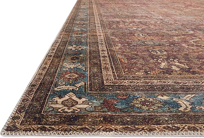 Loloi Layla Collection LAY-01 Brick/Blue 2'-0" x 5'-0" .13" Thick Accent Rug, Soft, Durable, Vintage Inspired, Distressed, Low Pile, Non-Shedding, Easy Clean, Printed, Living Room Rug