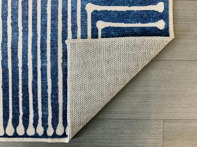 GLN Rugs Contemporary Collection - Machine Washable Area Rug, Contemporary Washable, Non Slip, Low Pile Chenille Rug, Living Room, Bedroom, Kitchen Rug (8' x 10' Lines Blue)