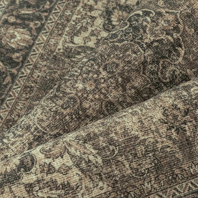 2x5 Washable Brown Runner Rug Vintage Hallway Kitchen Carpet Non-Slip Soft Low Pile Distressed Throw Rug for Bedroom Bathroom Laundry Living Room