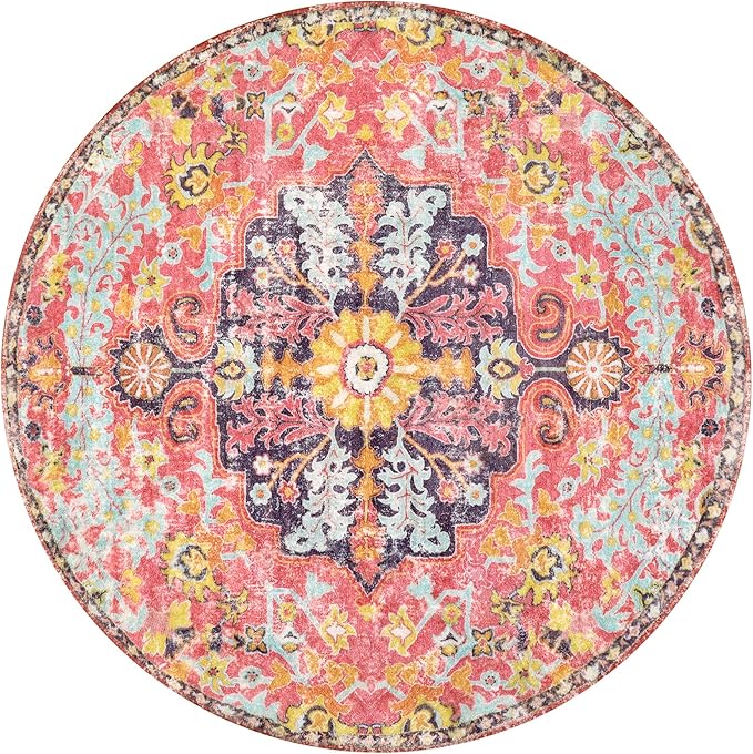 Lahome Bohemian Floral Medallion Round Rug - 4Ft Hot Pink Soft Round Area Rug Bedroom Kitchen Mat, Turkish Washable Indoor Floor Accent Bathroom Carpet for Nursery Living Room Home Office Hallway