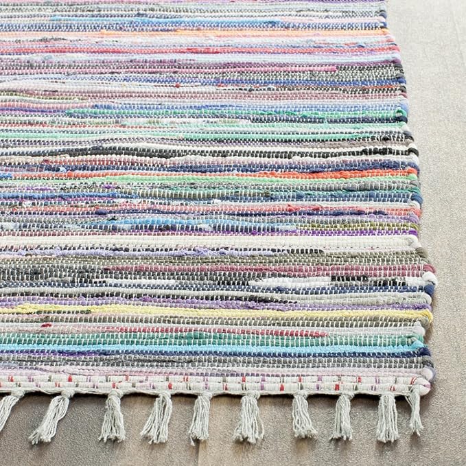 SAFAVIEH Rag Rug Collection Area Rug - 9' x 12', Grey & Multi, Handmade Boho Stripe Cotton, Ideal for High Traffic Areas in Living Room, Bedroom (RAR121M)