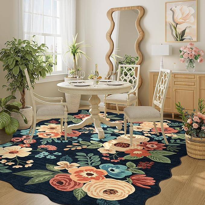 DUKINO 5x7 Area Rug, Floral Washable Rugs for Living Room with Non Slip Backing & Non-Shedding, Lightwight Low Pile Boho Design Large Carpets for Bedroom, Living Room, Dining Room, Navy Blue