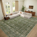 Washable 9x12 Area Rugs for Living Room, Boho Non-Slip Vintage Distress Lager Rugs for Bedroom Dining Room Nursery Office, 0.3" Neutral Oriental Throw Thin Carpet, Grass Green/Multi