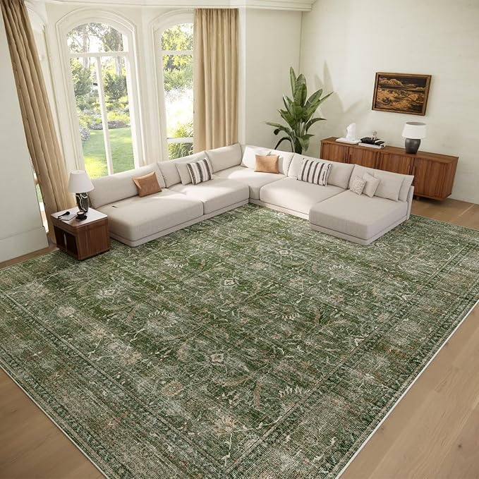 Washable 9x12 Area Rugs for Living Room, Boho Non-Slip Vintage Distress Lager Rugs for Bedroom Dining Room Nursery Office, 0.3" Neutral Oriental Throw Thin Carpet, Grass Green/Multi