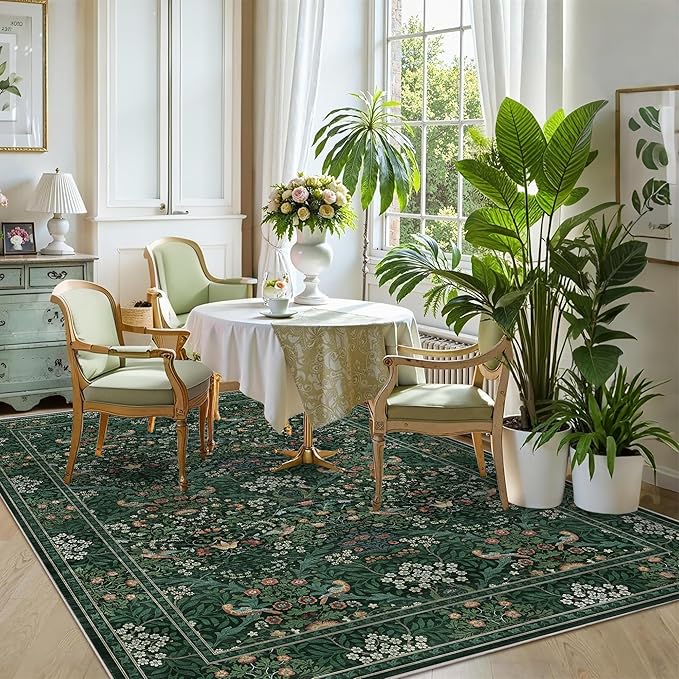 6x9 Floral Washable Area Rugs for Living Room, Vintage Boho Large Rug for Bedroom Dining Room， Distressed Botanical Birds Non Slip Low Pile Forest Throw Carpet for Farmhouse Office, Bright Green