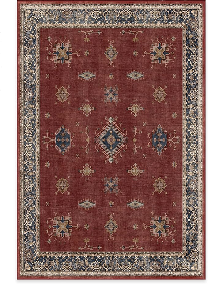 RUGGABLE Washable Vintage Area Rug – Verena Amber Red 6x9, Stain-Resistant, Non-Slip – Medium Machine Washable Rugs for Living Room, Bedroom, Hallway, Entryway & Office–with Cushioned Pad