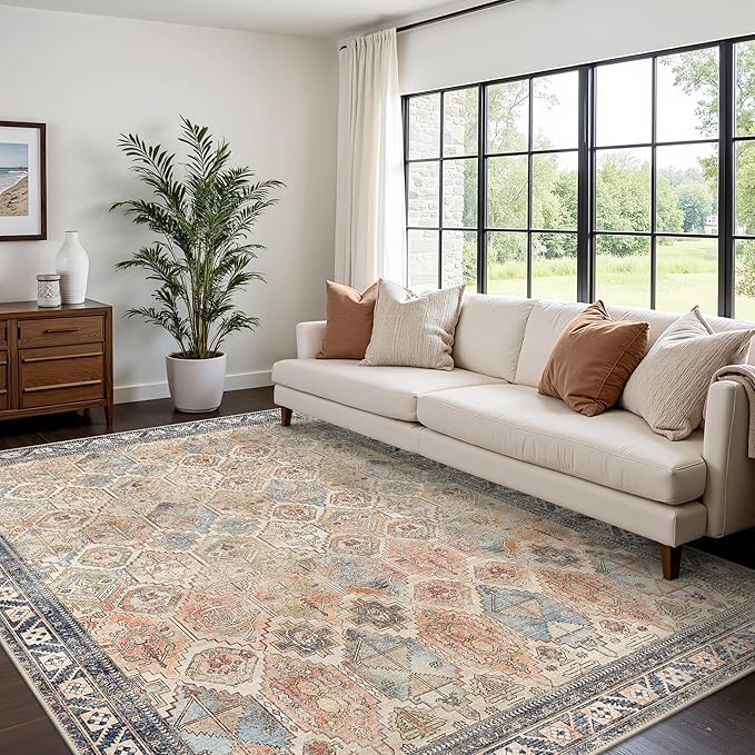Bavni Washable Rug 8x10 Area Rug for Living Room Bedroom Dining, Washable Vintage Print Carpet, Ultra-Thin Low Pile Lightweight Rug with Non Slip Backing, Multi Beige