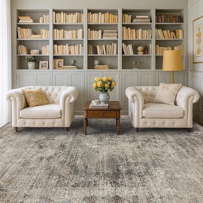 5x7 Earthy Rug for Living Room, Vintage Unique Area Rug for Bedroom Under Bed, Dining Room, Washable Non Slip Brown Gray Taupe Décor