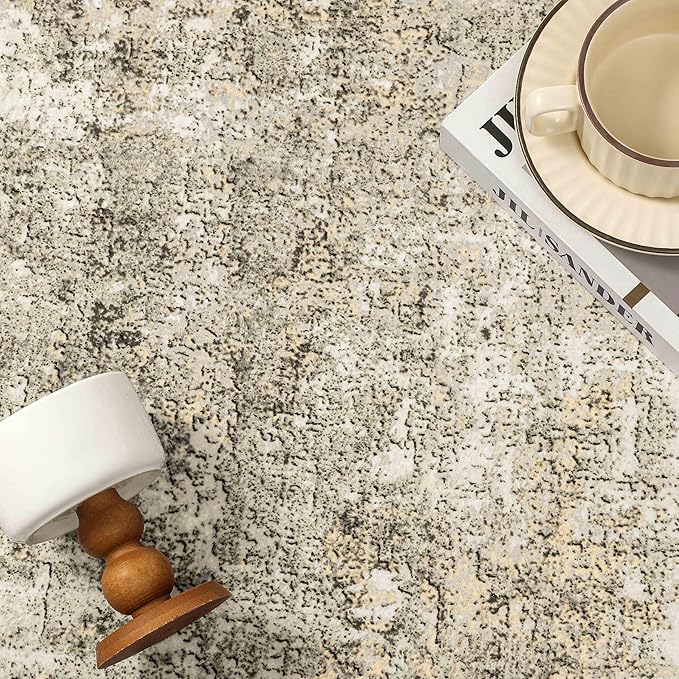 Machine Washable Area Rug 9x12 Beige Gray Large Living Room Indoor Accent Rug Neutral Modern Abstract Low Pile Carpet Non Slip Distressed Throw Rug Bedroom Office Dining Room