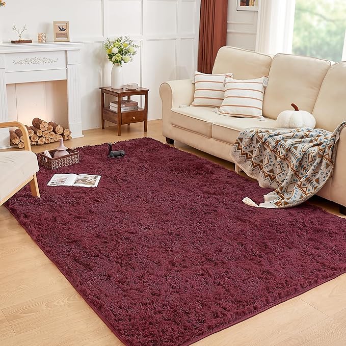 Andency Burgundy Soft Area Rugs for Living Room Bedroom, 5x8 Fluffy Shaggy Bedside Rug, Non-Slip Large Shag Fuzzy Plush Carpets for Bedroom Kids Dorm Nursery Home Decor Aesthetic