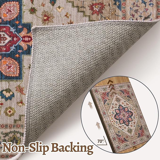 Tangsoo 3x5 Washable Rug, Vintage Rugs Indoor Area Rugs, Boho Non Slip Accent Rug Carpet, Soft Low Pile Rugs for Living Room Dorm Bedroom Bedside Entryway Bathroom Home Decor Beige