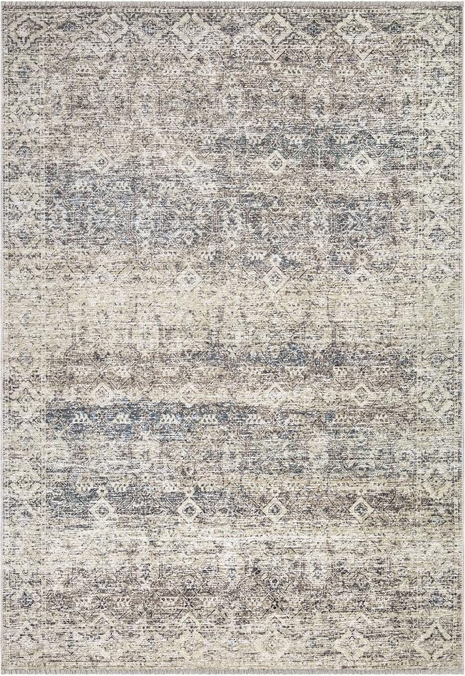 Bloom Rugs Caria Washable Non-Slip 6x9 Rug - Beige Brown/Teal Traditional Area Rug for Living Room, Bedroom, Dining Room, and Kitchen - Exact Size: 6' x 9'