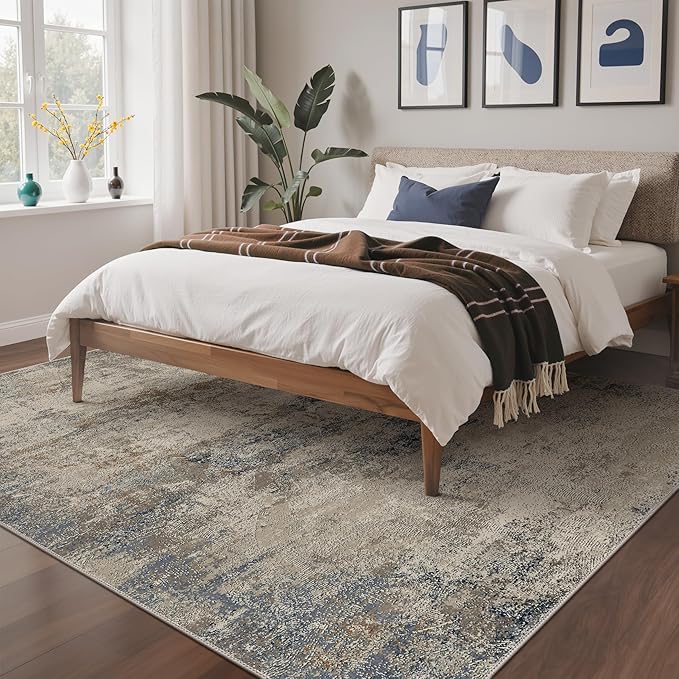 GENIMO Washable 5x7 Area Rugs for Living Room, Non Slip Modern Abstract Rug, Machine Washable Stain Resistant Low Pile Soft Carpet for Bedroom, Dining, Office, Grey Beige